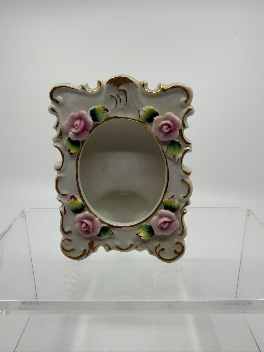 Lefton White Porcelain Frame with Pink Roses and Gold Trim